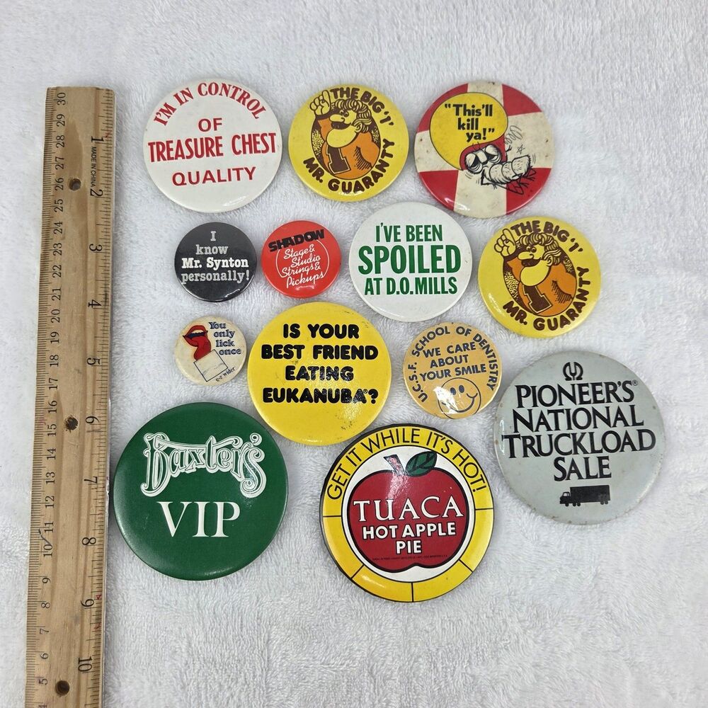 Lot 13 Vintage Advertising Promo Pinback Buttons Baxter's Tuaca Eukanuba VIP